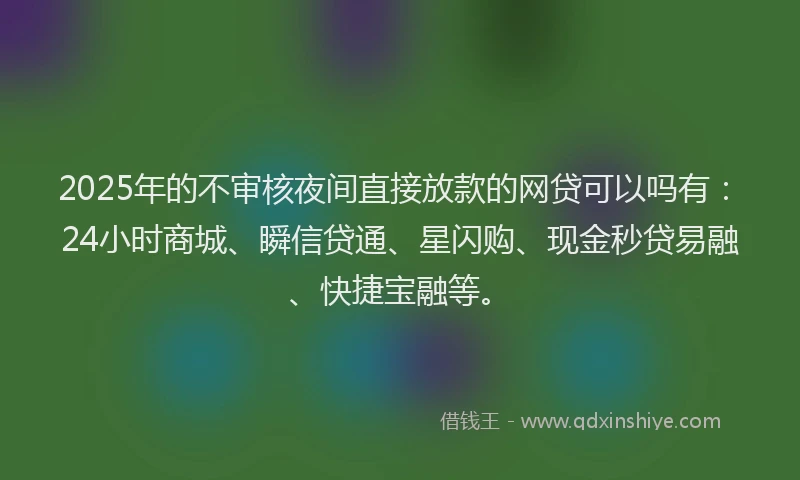 2025年的不审核夜间直接放款的网贷可以吗有:24小时商城、瞬信贷通、星闪购、现金秒贷易融、快捷宝融等。