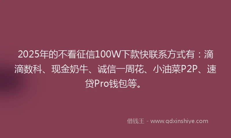 2025年的不看征信100W下款快联系方式有：滴滴数科、现金奶牛、诚信一周花、小油菜P2P、速贷Pro钱包等。