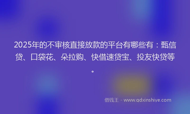 2025年的不审核直接放款的平台有哪些有：甄信贷、口袋花、朵拉购、快借速贷宝、投友快贷等。