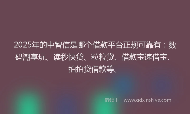 2025年的中智信是哪个借款平台正规可靠有：数码潮享玩、读秒快贷、粒粒贷、借款宝速借宝、拍拍贷借款等。