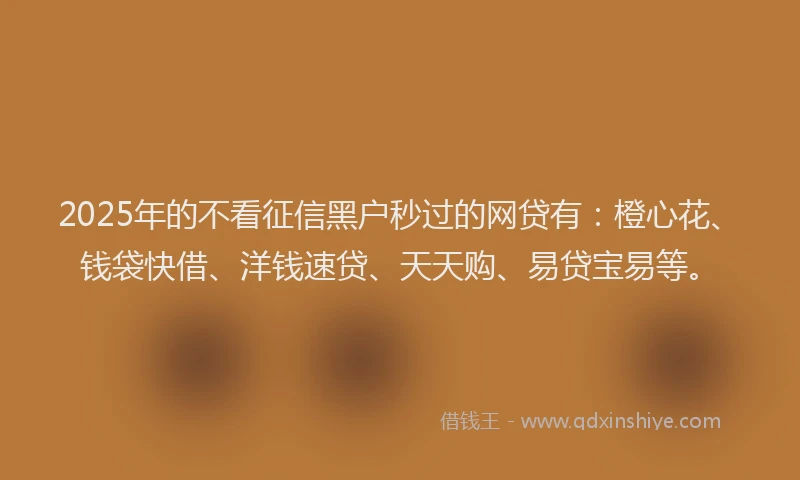 2025年的不看征信黑户秒过的网贷有：橙心花、钱袋快借、洋钱速贷、天天购、易贷宝易等。