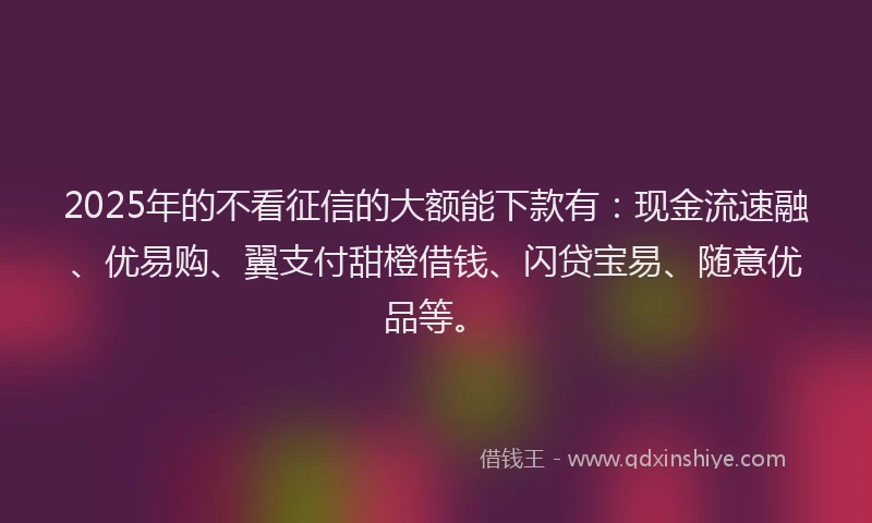 2025年的不看征信的大额能下款有：现金流速融、优易购、翼支付甜橙借钱、闪贷宝易、随意优品等。