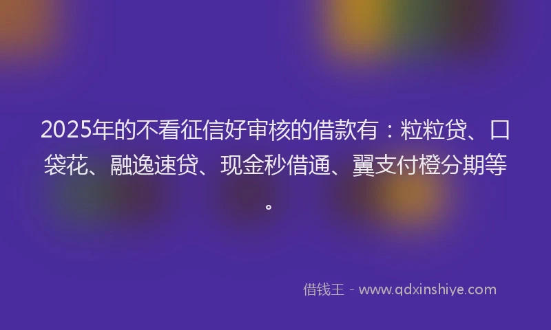 2025年的不看征信好审核的借款有：粒粒贷、口袋花、融逸速贷、现金秒借通、翼支付橙分期等。