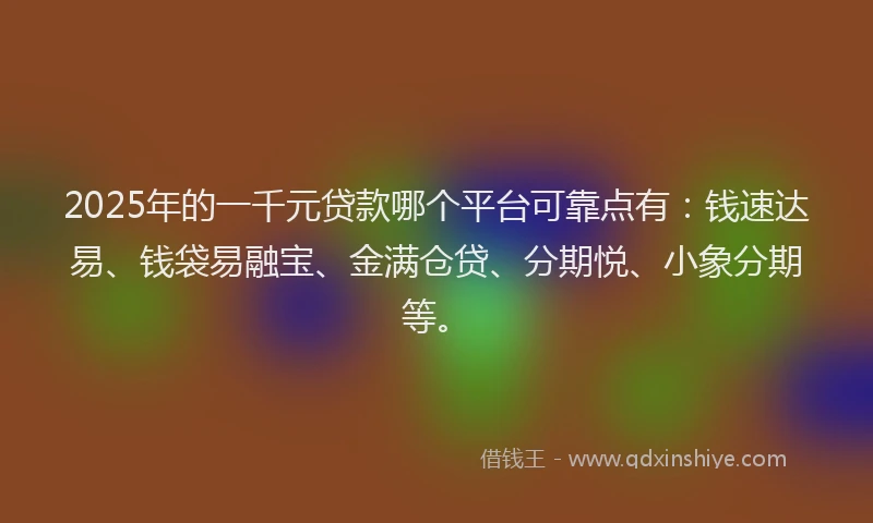 2025年的一千元贷款哪个平台可靠点有：钱速达易、钱袋易融宝、金满仓贷、分期悦、小象分期等。