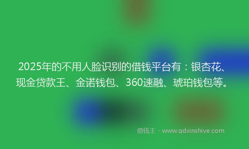 2025年的不用人脸识别的借钱平台有：银杏花、现金贷款王、金诺钱包、360速融、琥珀钱包等。