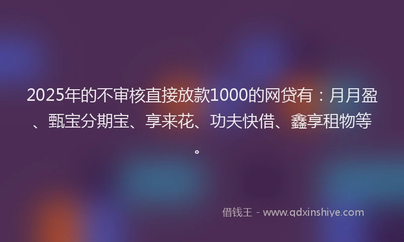 2025年的不审核直接放款1000的网贷有：月月盈、甄宝分期宝、享来花、功夫快借、鑫享租物等。