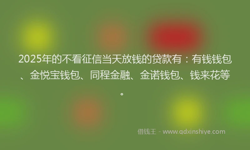 2025年的不看征信当天放钱的贷款有：有钱钱包、金悦宝钱包、同程金融、金诺钱包、钱来花等。