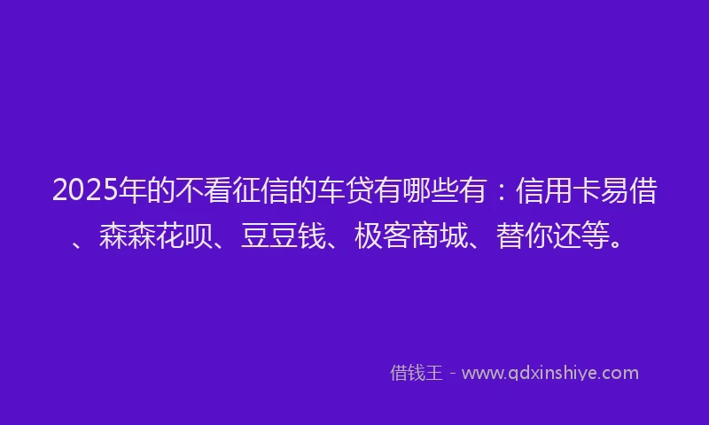2025年的不看征信的车贷有哪些有：信用卡易借、森森花呗、豆豆钱、极客商城、替你还等。