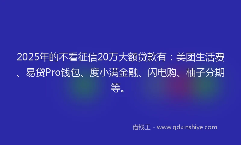 2025年的不看征信20万大额贷款有：美团生活费、易贷Pro钱包、度小满金融、闪电购、柚子分期等。