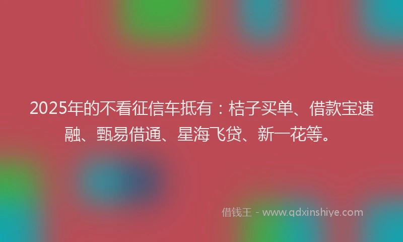 2025年的不看征信车抵有：桔子买单、借款宝速融、甄易借通、星海飞贷、新一花等。
