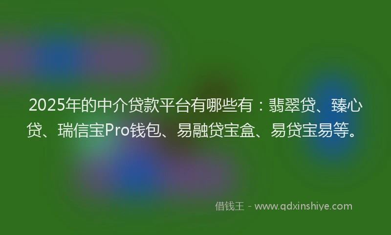 2025年的中介贷款平台有哪些有：翡翠贷、臻心贷、瑞信宝Pro钱包、易融贷宝盒、易贷宝易等。