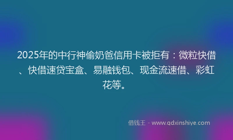2025年的中行神偷奶爸信用卡被拒有：微粒快借、快借速贷宝盒、易融钱包、现金流速借、彩虹花等。