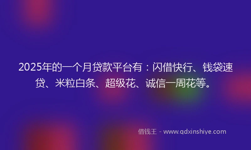 2025年的一个月贷款平台有：闪借快行、钱袋速贷、米粒白条、超级花、诚信一周花等。