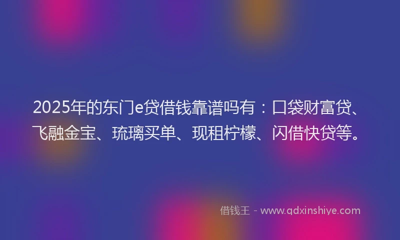 2025年的东门e贷借钱靠谱吗有：口袋财富贷、飞融金宝、琉璃买单、现租柠檬、闪借快贷等。