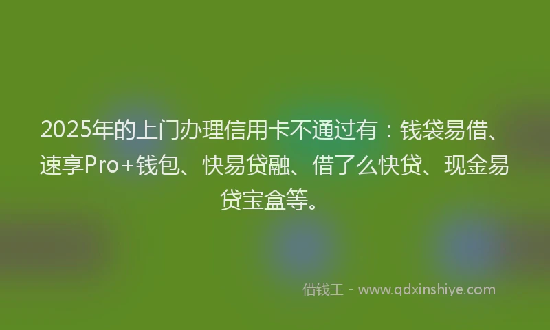 2025年的上门办理信用卡不通过有：钱袋易借、速享Pro+钱包、快易贷融、借了么快贷、现金易贷宝盒等。
