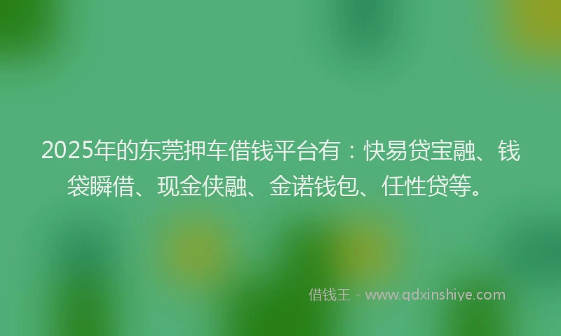 2025年的东莞押车借钱平台有：快易贷宝融、钱袋瞬借、现金侠融、金诺钱包、任性贷等。