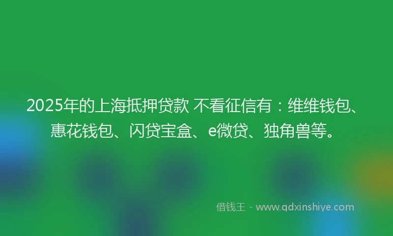 2025年的上海抵押贷款 不看征信有：维维钱包、惠花钱包、闪贷宝盒、e微贷、独角兽等。