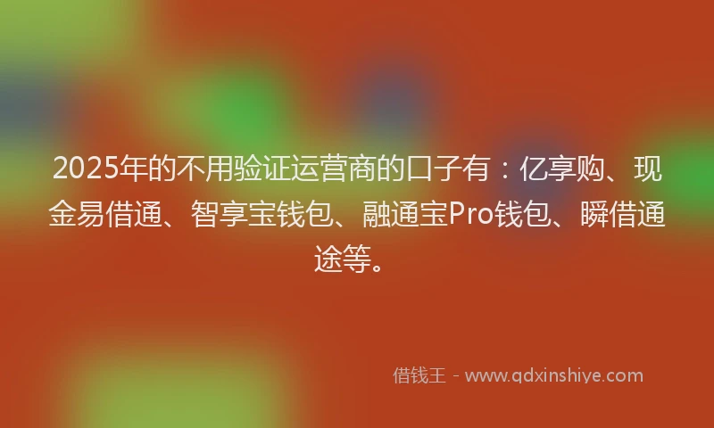 2025年的不用验证运营商的口子有：亿享购、现金易借通、智享宝钱包、融通宝Pro钱包、瞬借通途等。