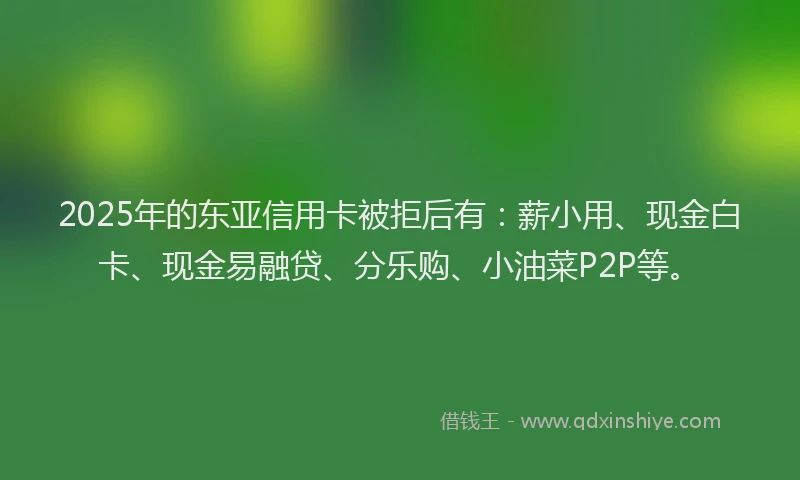 2025年的东亚信用卡被拒后有：薪小用、现金白卡、现金易融贷、分乐购、小油菜P2P等。