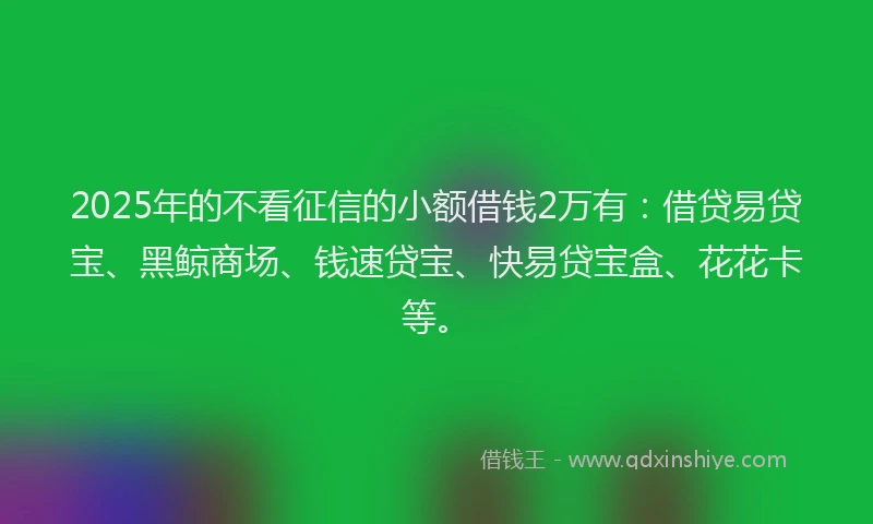 2025年的不看征信的小额借钱2万有：借贷易贷宝、黑鲸商场、钱速贷宝、快易贷宝盒、花花卡等。