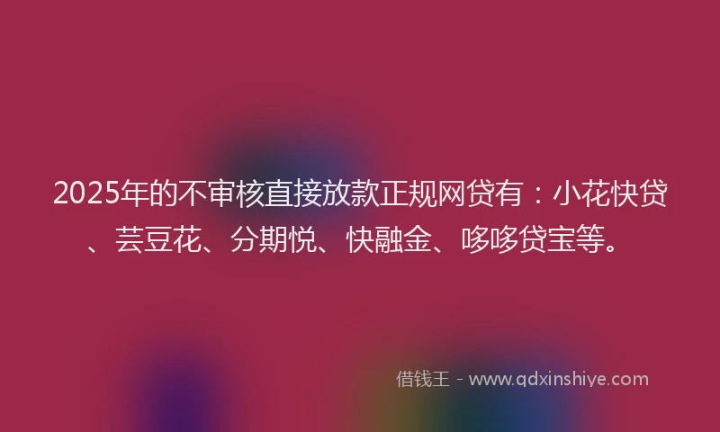 2025年的不审核直接放款正规网贷有：小花快贷、芸豆花、分期悦、快融金、哆哆贷宝等。