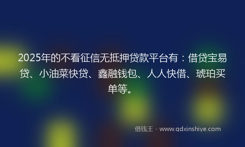 2025年的不看征信无抵押贷款平台有：借贷宝易贷、小油菜快贷、鑫融钱包、人人快借、琥珀买单等。