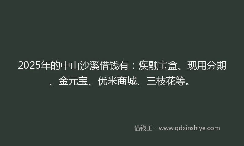2025年的中山沙溪借钱有：疾融宝盒、现用分期、金元宝、优米商城、三枝花等。