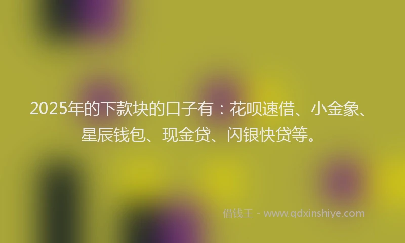 2025年的下款块的口子有：花呗速借、小金象、星辰钱包、现金贷、闪银快贷等。