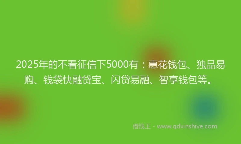 2025年的不看征信下5000有：惠花钱包、独品易购、钱袋快融贷宝、闪贷易融、智享钱包等。