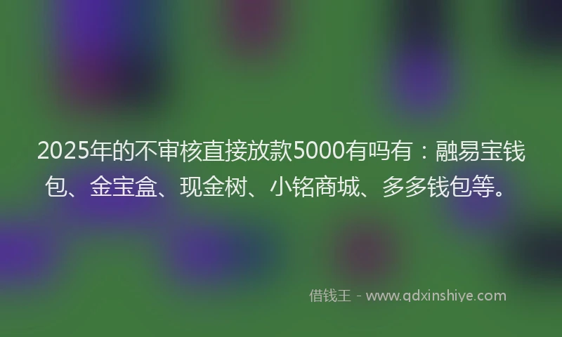 2025年的不审核直接放款5000有吗有：融易宝钱包、金宝盒、现金树、小铭商城、多多钱包等。