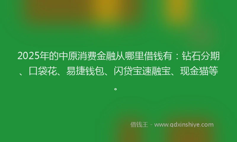 2025年的中原消费金融从哪里借钱有：钻石分期、口袋花、易捷钱包、闪贷宝速融宝、现金猫等。