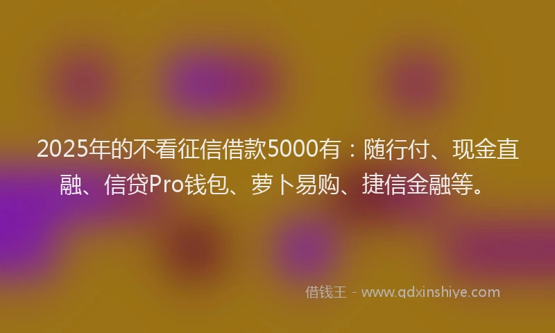 2025年的不看征信借款5000有：随行付、现金直融、信贷Pro钱包、萝卜易购、捷信金融等。