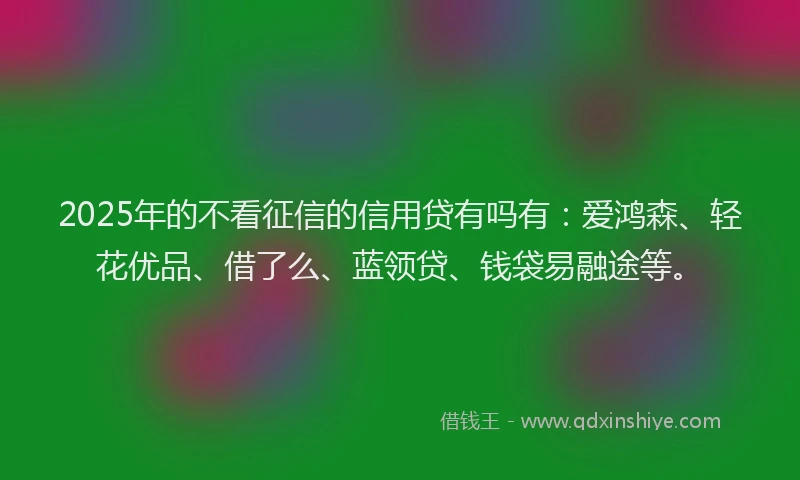 2025年的不看征信的信用贷有吗有：爱鸿森、轻花优品、借了么、蓝领贷、钱袋易融途等。