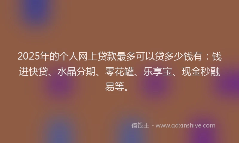 2025年的个人网上贷款最多可以贷多少钱有：钱进快贷、水晶分期、零花罐、乐享宝、现金秒融易等。