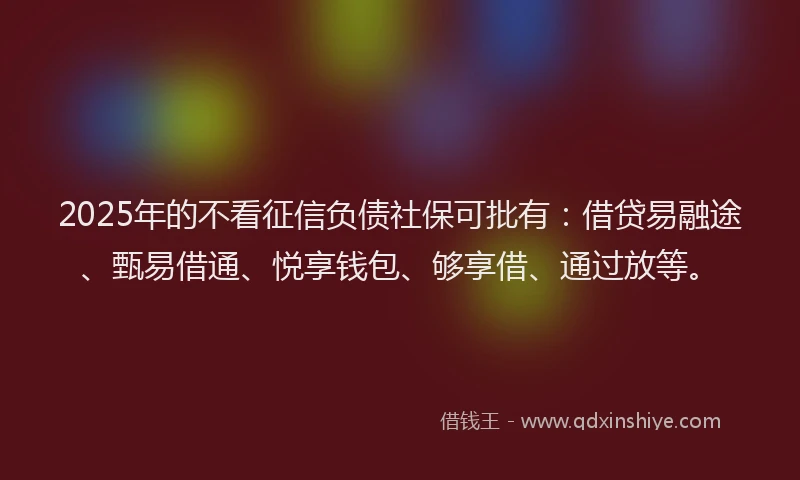 2025年的不看征信负债社保可批有：借贷易融途、甄易借通、悦享钱包、够享借、通过放等。