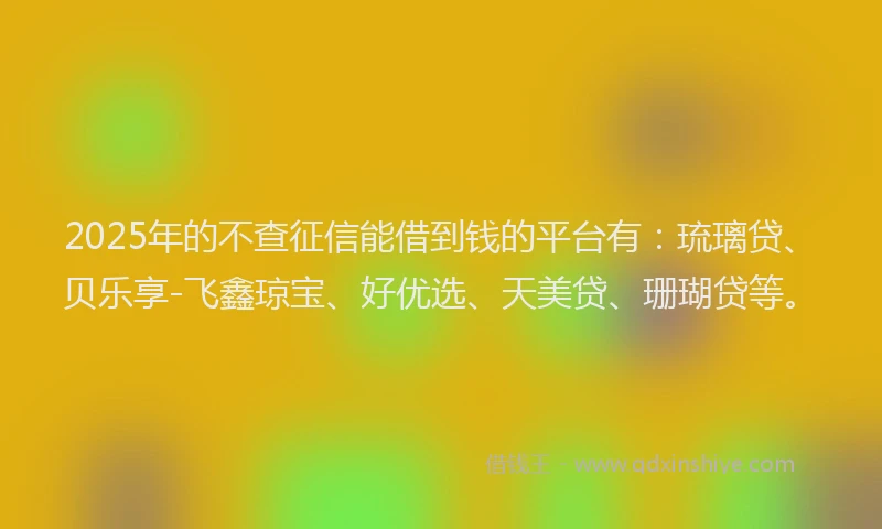 2025年的不查征信能借到钱的平台有：琉璃贷、贝乐享-飞鑫琼宝、好优选、天美贷、珊瑚贷等。
