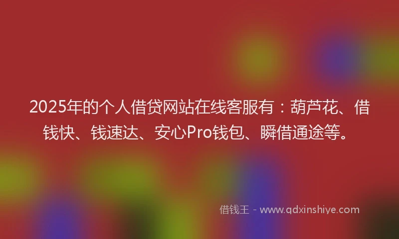 2025年的个人借贷网站在线客服有:葫芦花、借钱快、钱速达、安心Pro钱包、瞬借通途等。