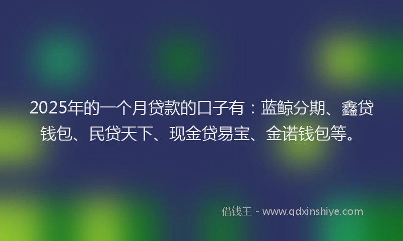 2025年的一个月贷款的口子有：蓝鲸分期、鑫贷钱包、民贷天下、现金贷易宝、金诺钱包等。