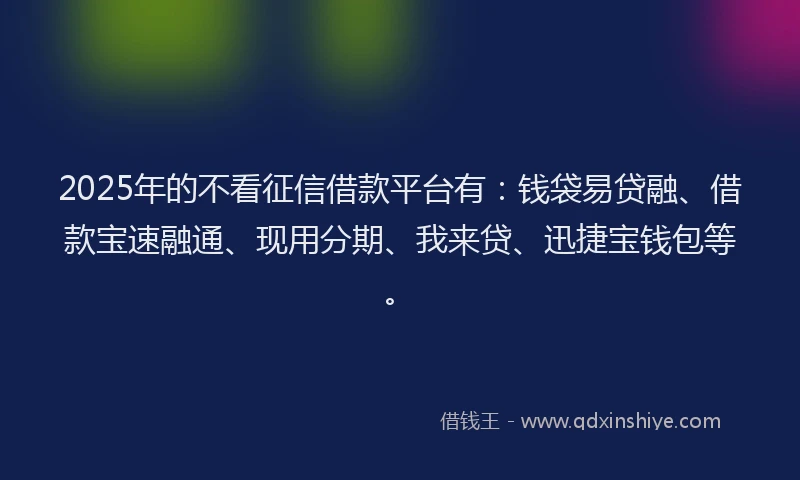 2025年的不看征信借款平台有:钱袋易贷融、借款宝速融通、现用分期、我来贷、迅捷宝钱包等。