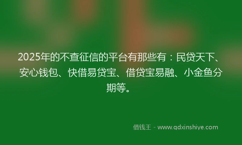 2025年的不查征信的平台有那些有：民贷天下、安心钱包、快借易贷宝、借贷宝易融、小金鱼分期等。