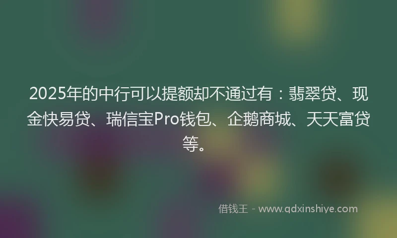 2025年的中行可以提额却不通过有：翡翠贷、现金快易贷、瑞信宝Pro钱包、企鹅商城、天天富贷等。