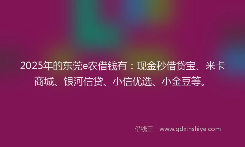 2025年的东莞e农借钱有：现金秒借贷宝、米卡商城、银河信贷、小信优选、小金豆等。