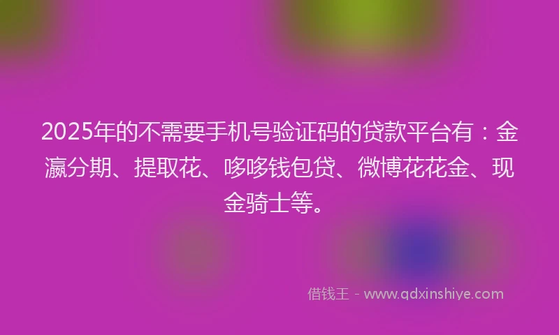 2025年的不需要手机号验证码的贷款平台有：金瀛分期、提取花、哆哆钱包贷、微博花花金、现金骑士等。