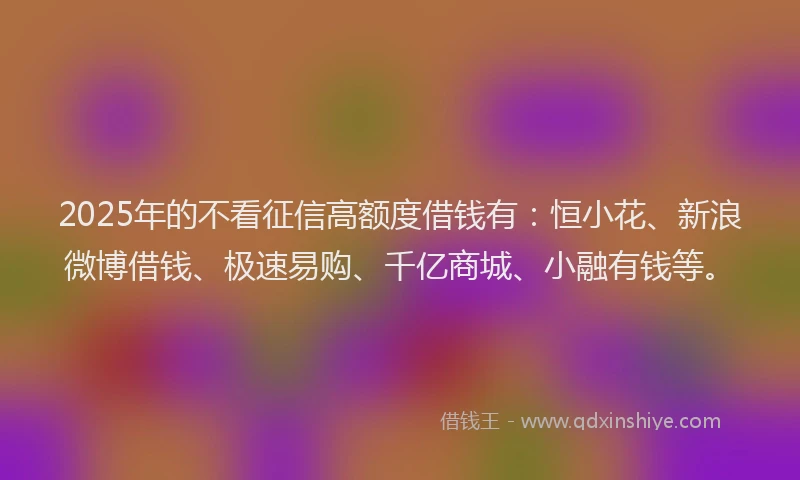 2025年的不看征信高额度借钱有：恒小花、新浪微博借钱、极速易购、千亿商城、小融有钱等。