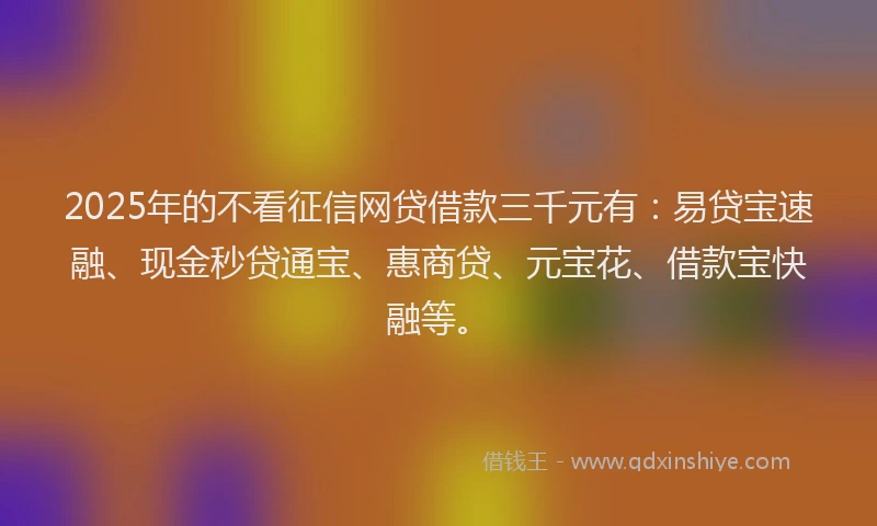 2025年的不看征信网贷借款三千元有：易贷宝速融、现金秒贷通宝、惠商贷、元宝花、借款宝快融等。
