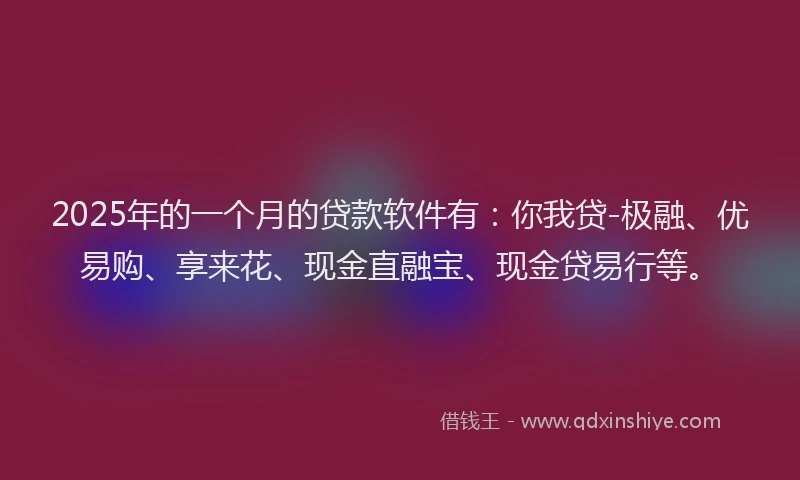2025年的一个月的贷款软件有：你我贷-极融、优易购、享来花、现金直融宝、现金贷易行等。