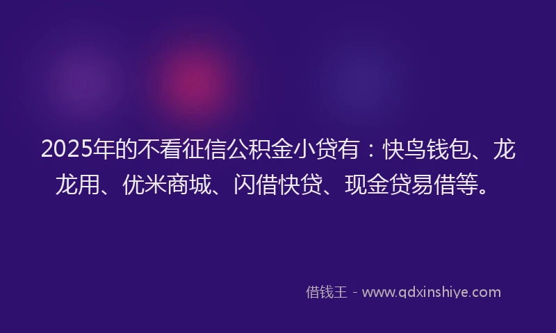 2025年的不看征信公积金小贷有：快鸟钱包、龙龙用、优米商城、闪借快贷、现金贷易借等。