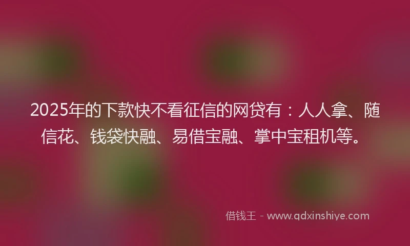 2025年的下款快不看征信的网贷有：人人拿、随信花、钱袋快融、易借宝融、掌中宝租机等。