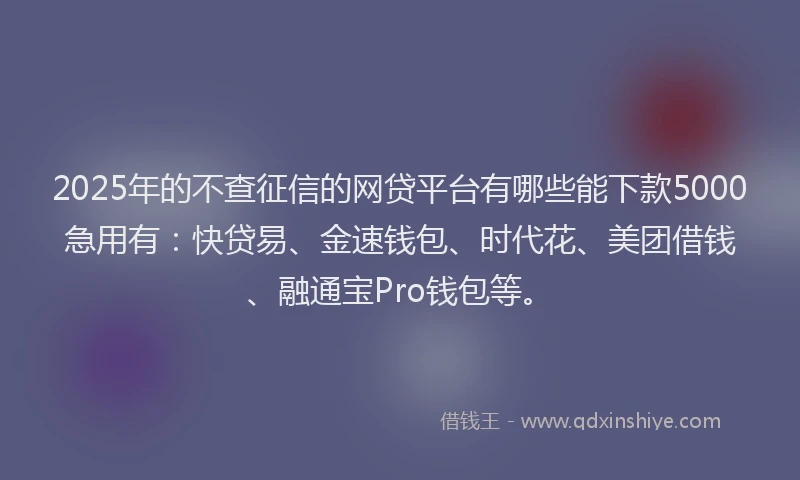 2025年的不查征信的网贷平台有哪些能下款5000急用有：快贷易、金速钱包、时代花、美团借钱、融通宝Pro钱包等。