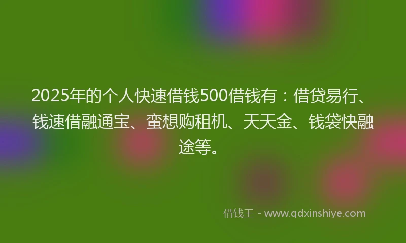 2025年的个人快速借钱500借钱有：借贷易行、钱速借融通宝、蛮想购租机、天天金、钱袋快融途等。